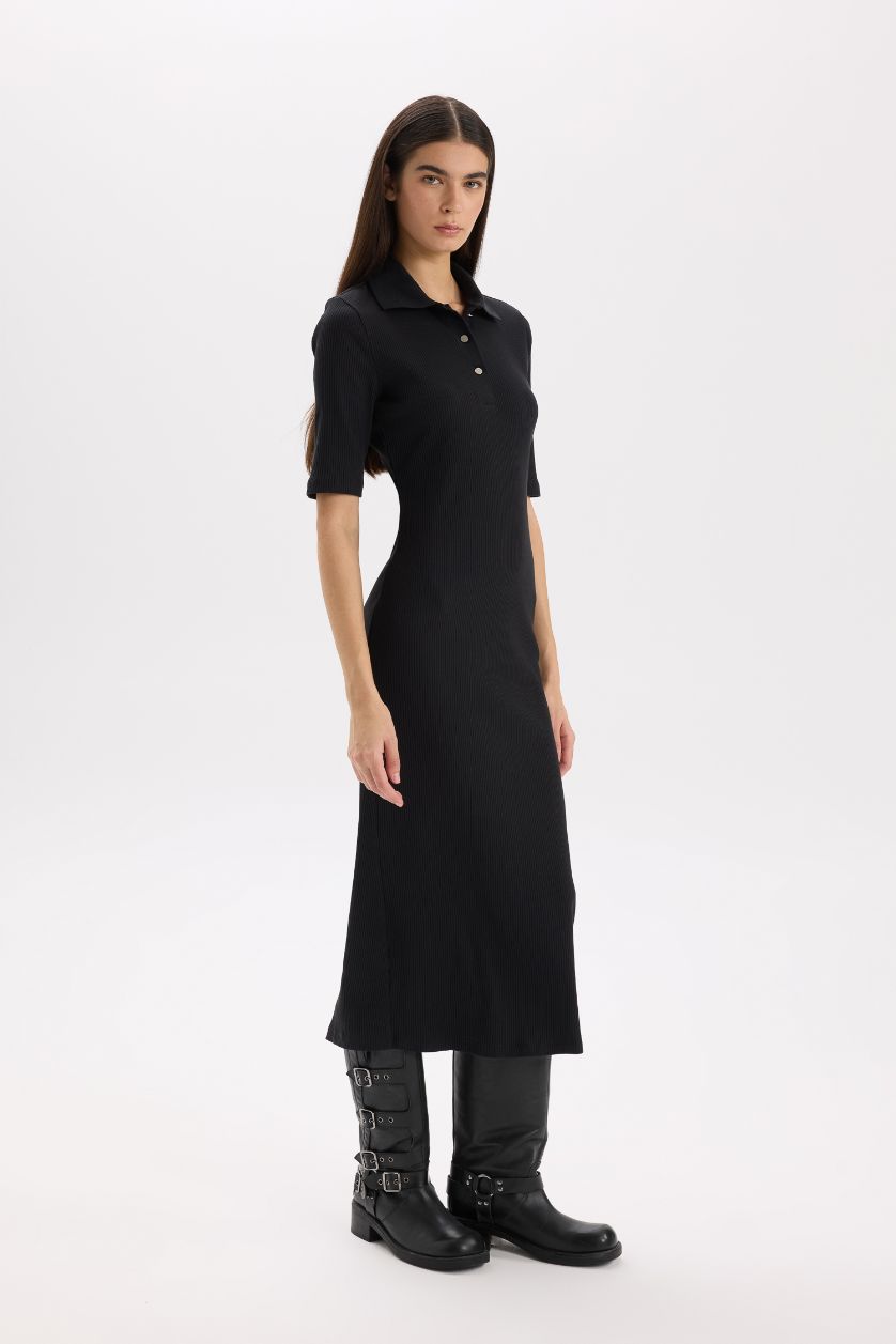 Kadın Siyah Bodycon Vücudu Saran Polo Yaka Fitilli Kaşkorse Kısa Kollu Midi Elbise