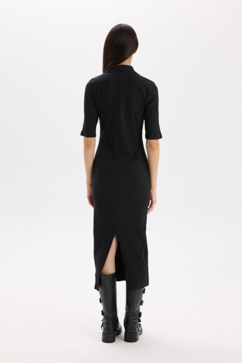 Kadın Siyah Bodycon Vücudu Saran Polo Yaka Fitilli Kaşkorse Kısa Kollu Midi Elbise