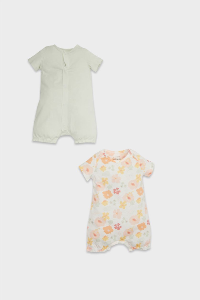 Kız Bebek Ekru Desenli Penye 2'li Kısa Kollu Tulum Kız Bebek Yenidoğan