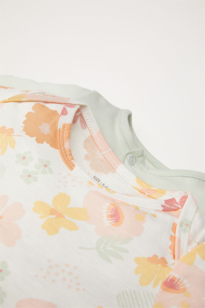 Kız Bebek Ekru Desenli Penye 2'li Kısa Kollu Tulum Kız Bebek Yenidoğan