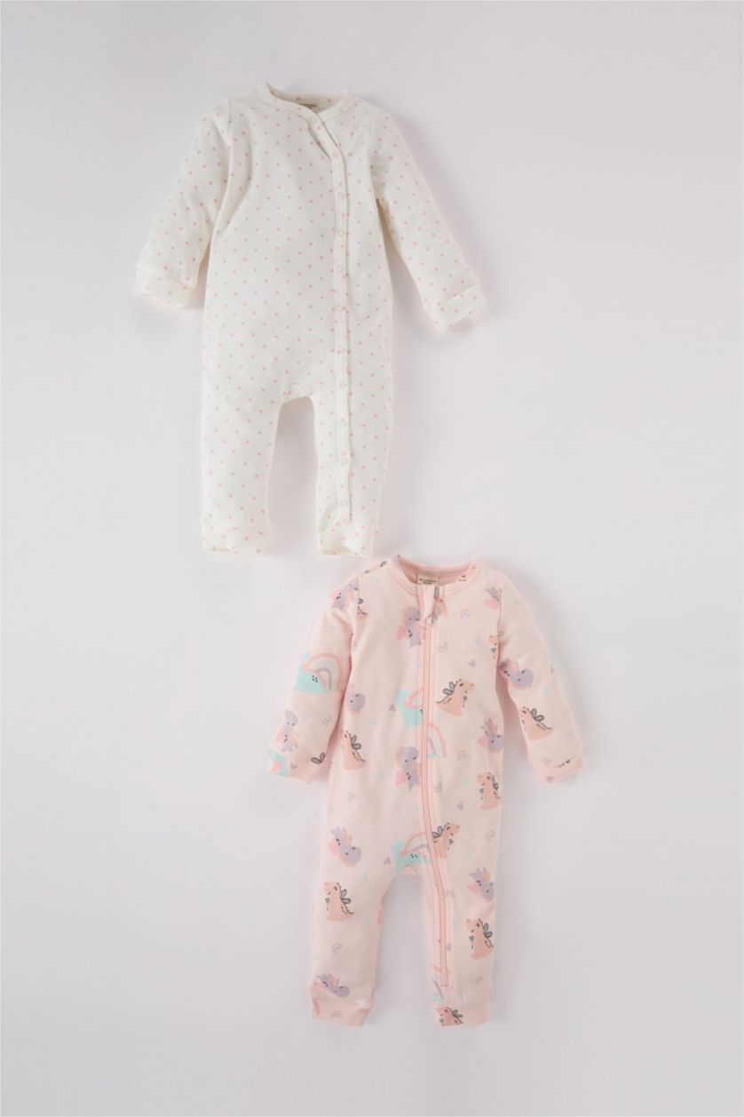 Kız Bebek Ekru Kız Bebek Yenidoğan Dinozor Baskılı 2'li Uzun Kollu Tulum