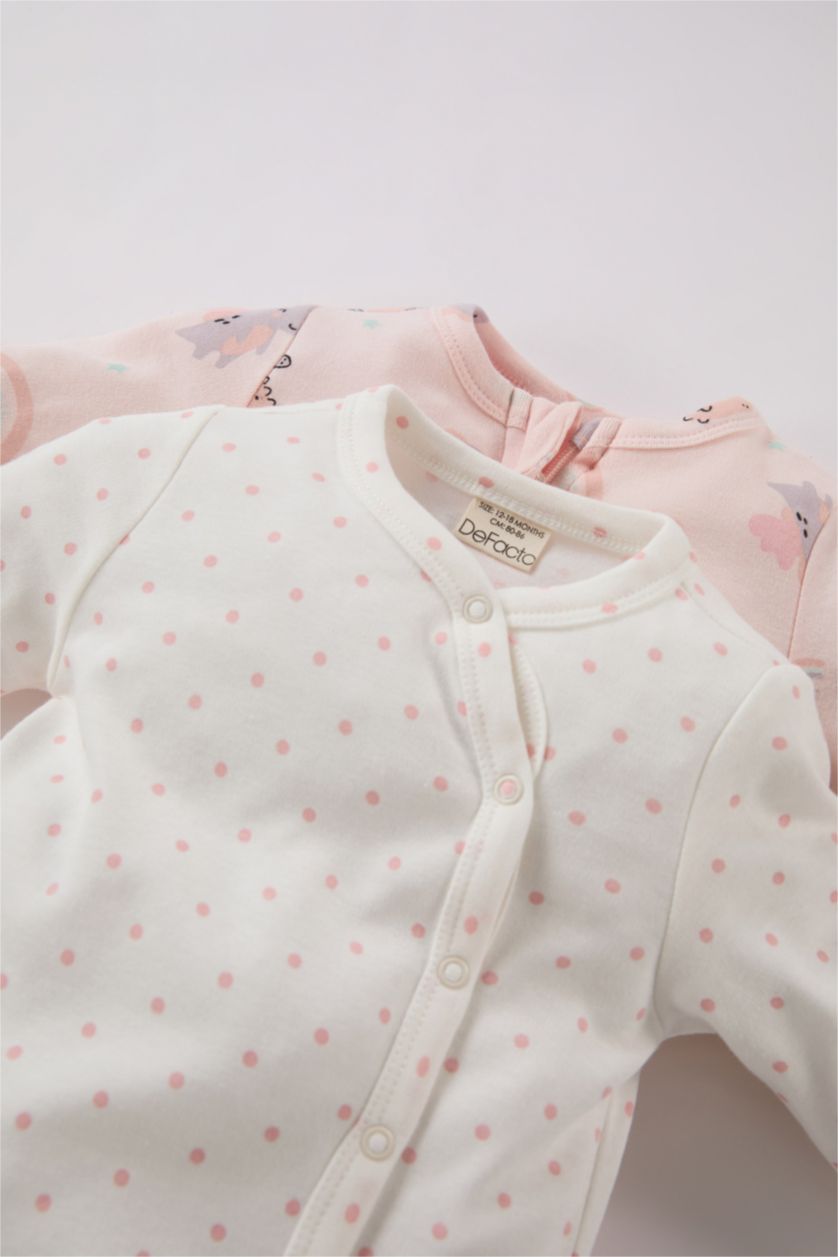 Kız Bebek Ekru Kız Bebek Yenidoğan Dinozor Baskılı 2'li Uzun Kollu Tulum