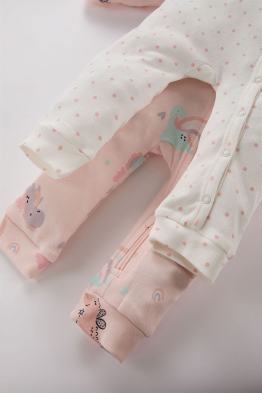 Kız Bebek Ekru Kız Bebek Yenidoğan Dinozor Baskılı 2'li Uzun Kollu Tulum