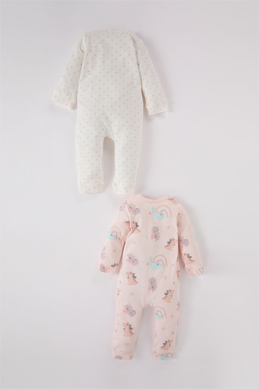 Kız Bebek Ekru Kız Bebek Yenidoğan Dinozor Baskılı 2'li Uzun Kollu Tulum