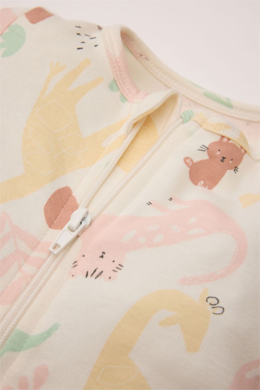 Kız Bebek Ekru Safari Baskılı Uzun Kollu Fermuarlı Tulum Kız Bebek Yenidoğan