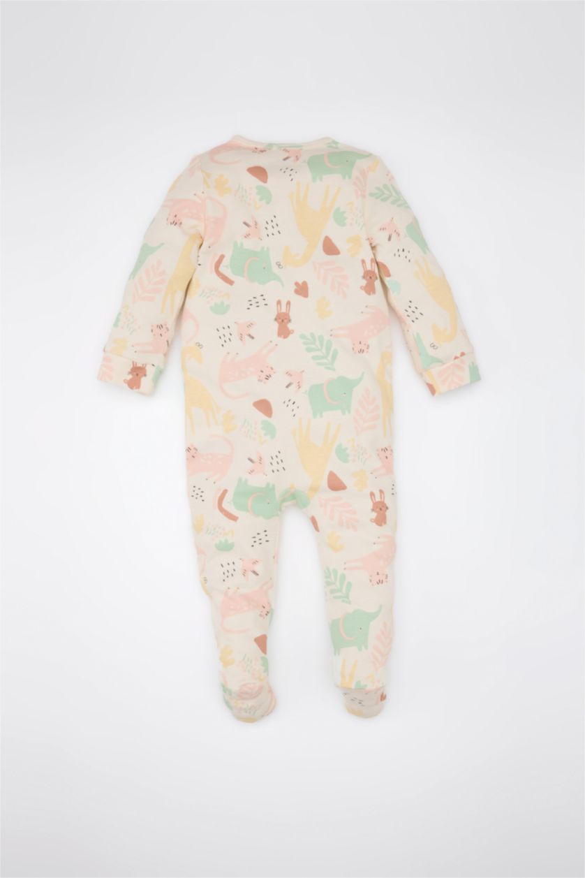 Kız Bebek Ekru Safari Baskılı Uzun Kollu Fermuarlı Tulum Kız Bebek Yenidoğan