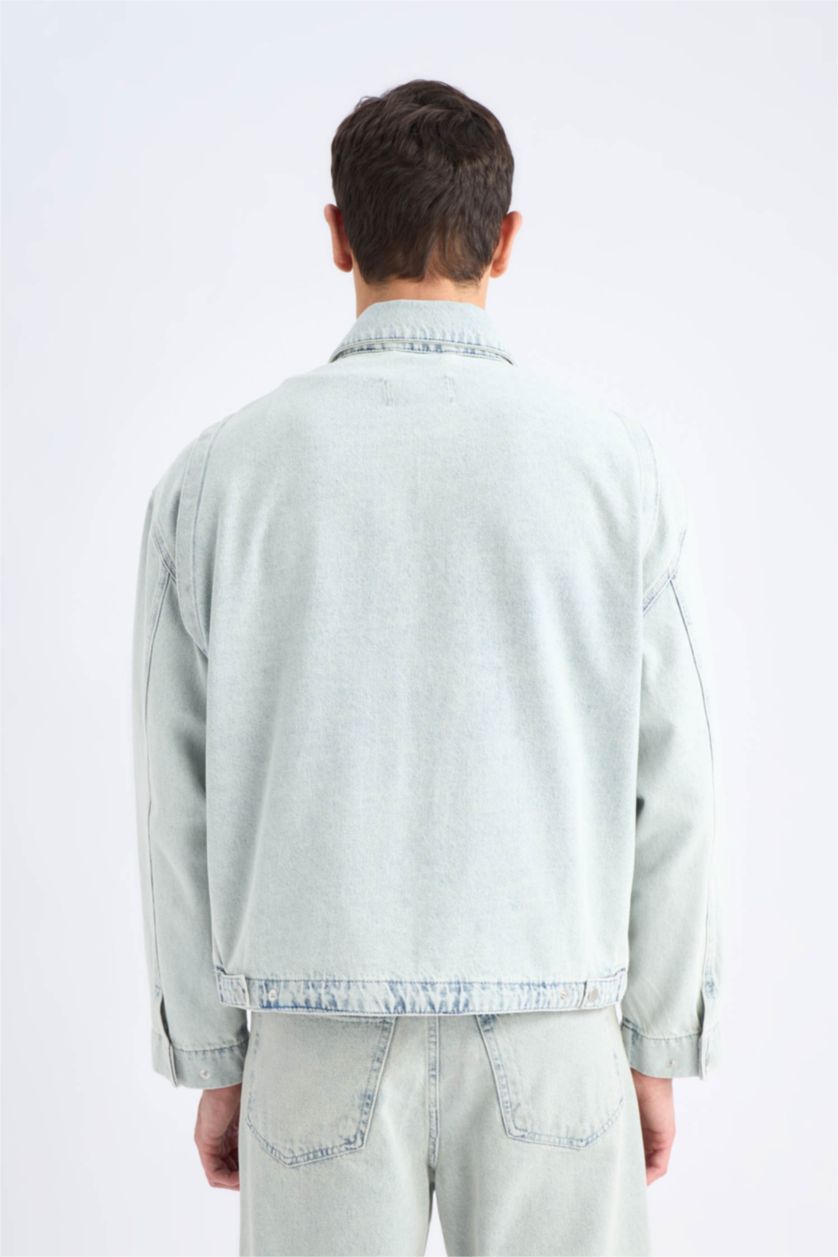 Erkek Açık Mavi %100 Pamuk Relax Fit Fermuarlı Mevsimlik Baharlık Denim Ceket