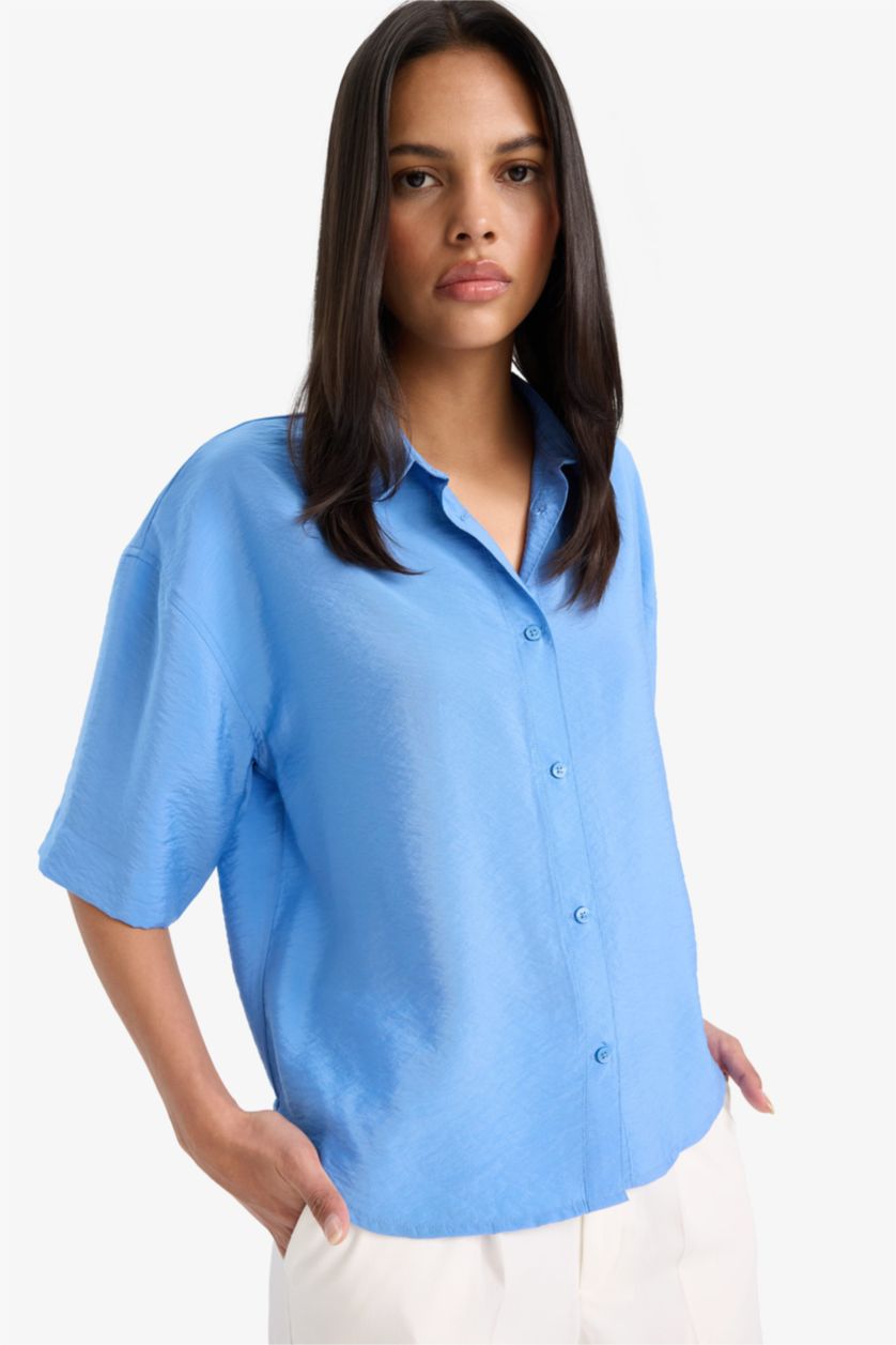 WOMAN Blue Oversize Fit Short Sleeve Shirt