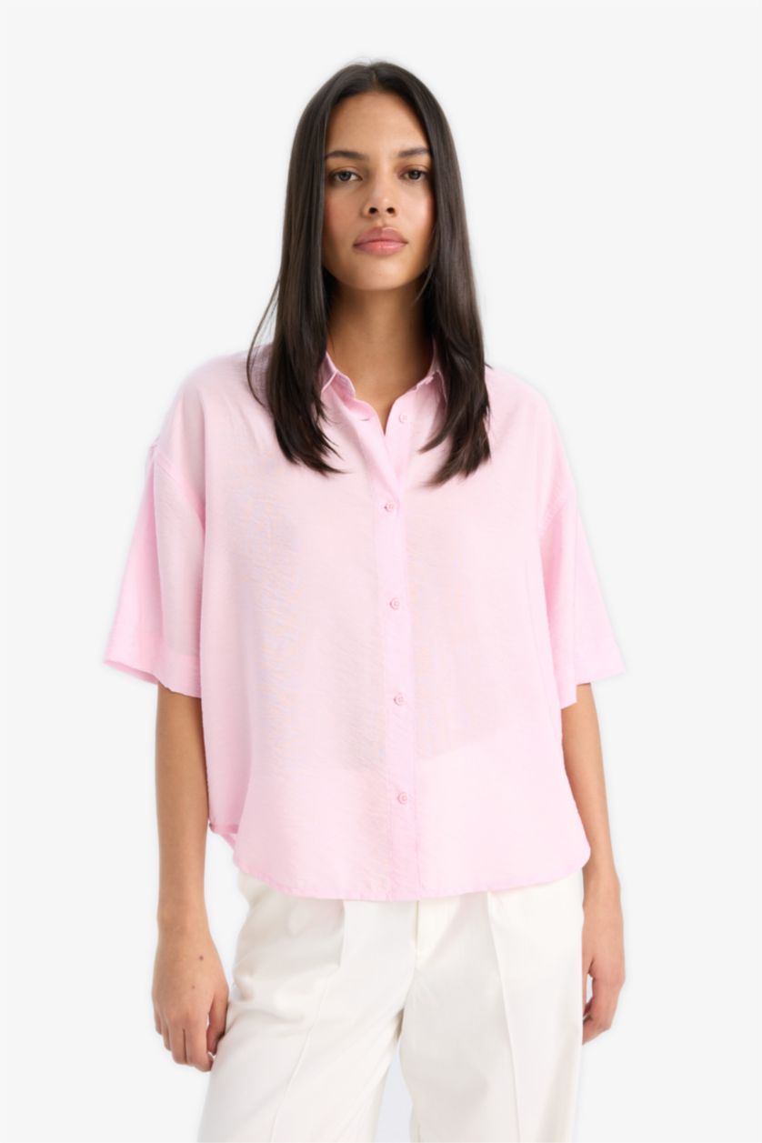 Kadın Açık Pembe Oversize Geniş Kalıp Kısa Kollu Gömlek