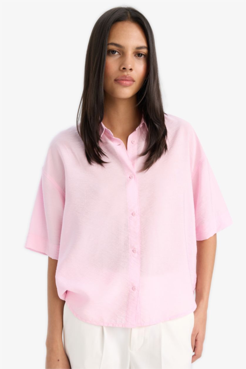 Kadın Açık Pembe Oversize Geniş Kalıp Kısa Kollu Gömlek