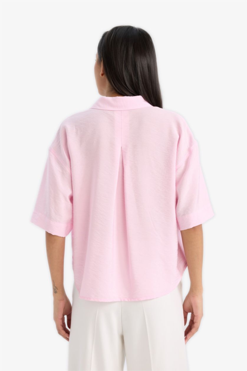 Kadın Açık Pembe Oversize Geniş Kalıp Kısa Kollu Gömlek