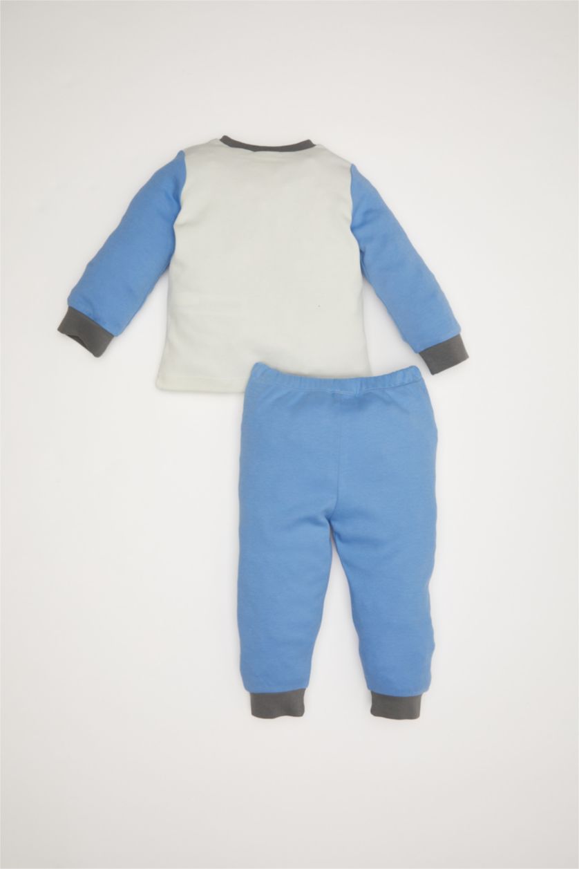 Erkek Bebek Ekru Pijama Takım Araç Baskılı Uzun Kollu Üst Beli Lastikli Uzun Alt Erkek Bebek