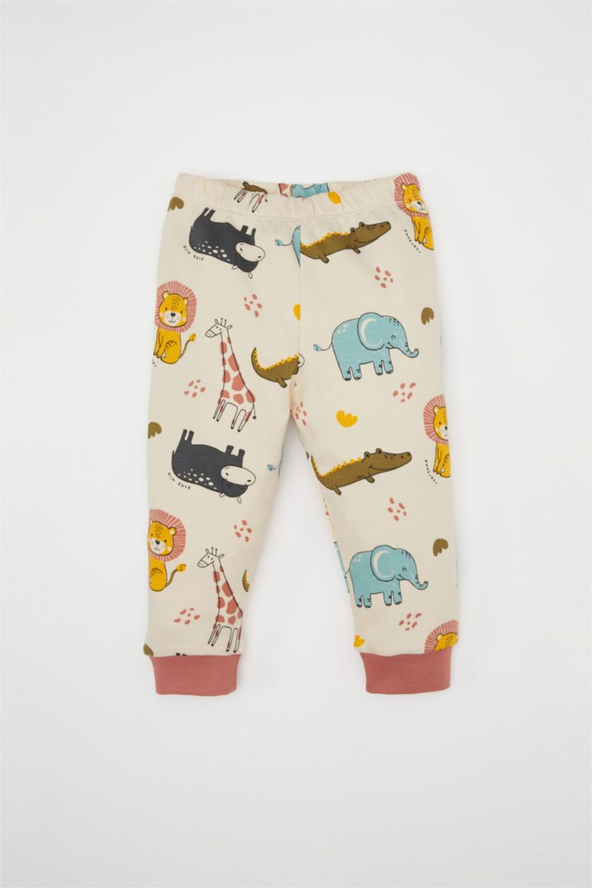 Erkek Bebek Ekru Erkek Bebek Pijama Takımı Safari Baskılı Uzun Kollu Üst Beli Lastikli Uzun Alt
