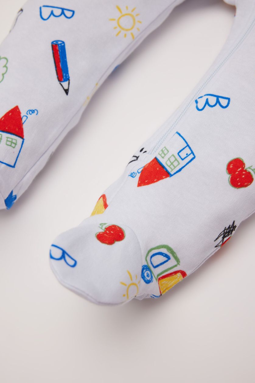 Erkek Bebek Açık Mavi Dinozor Baskılı Uzun Kollu Fermuarlı Tulum Erkek Bebek Yenidoğan