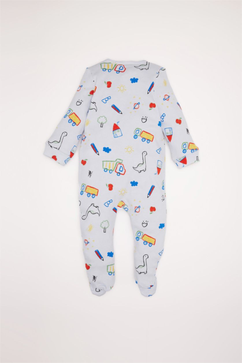 Erkek Bebek Açık Mavi Dinozor Baskılı Uzun Kollu Fermuarlı Tulum Erkek Bebek Yenidoğan