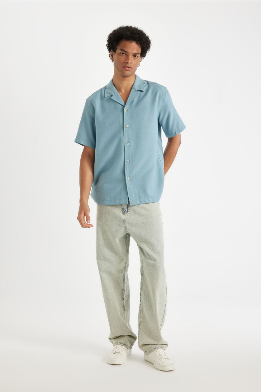 Erkek Mavi Regular Fit Yazlık Apaş Yaka Kısa Kollu Gömlek