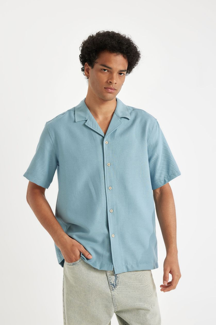 Erkek Mavi Regular Fit Yazlık Apaş Yaka Kısa Kollu Gömlek