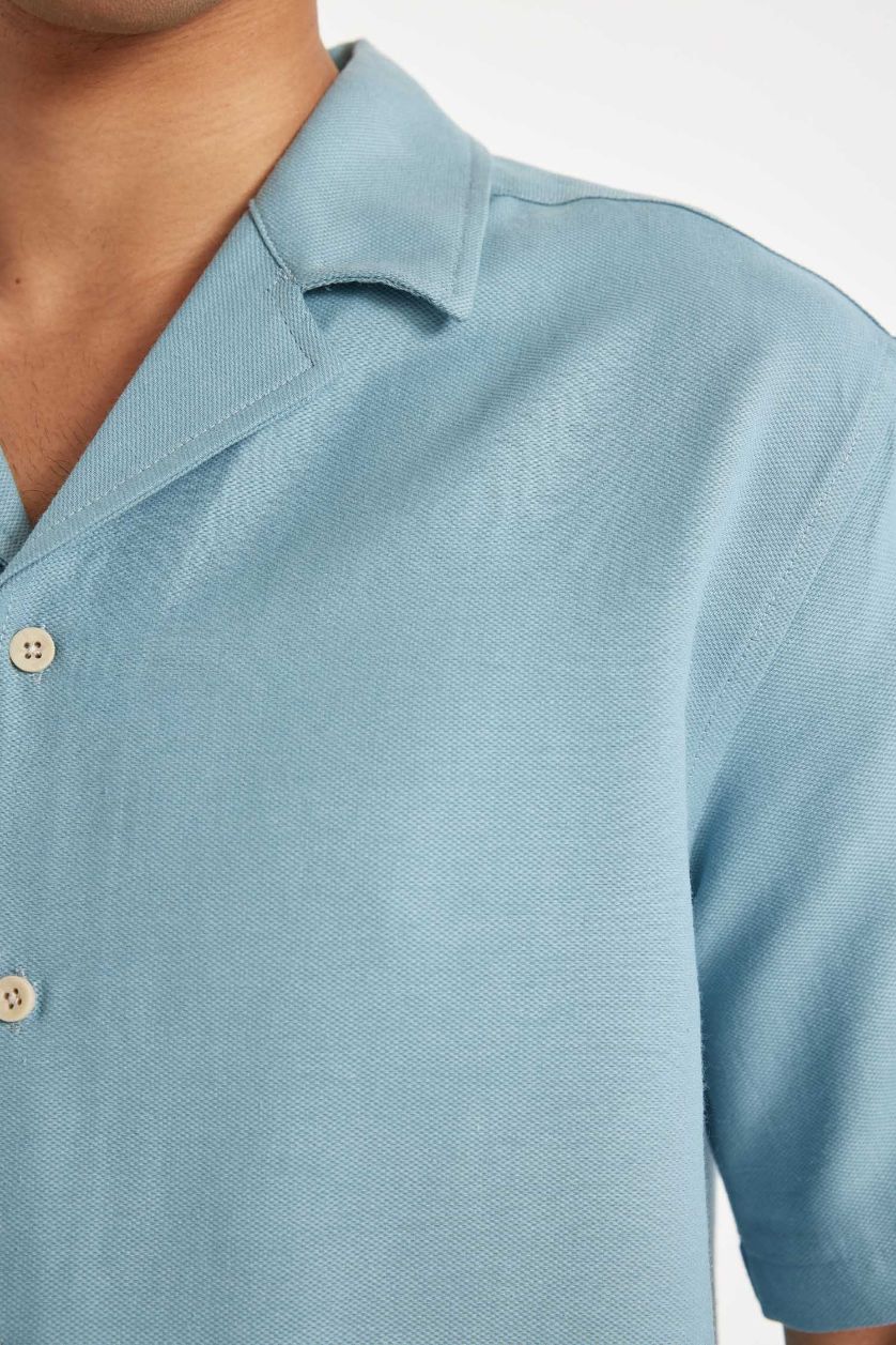 Erkek Mavi Regular Fit Yazlık Apaş Yaka Kısa Kollu Gömlek