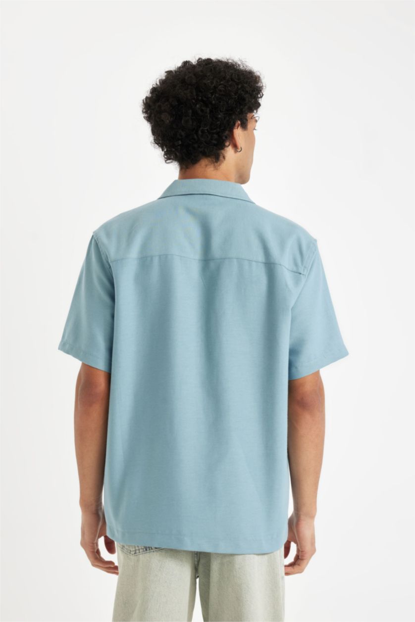 Erkek Mavi Regular Fit Yazlık Apaş Yaka Kısa Kollu Gömlek