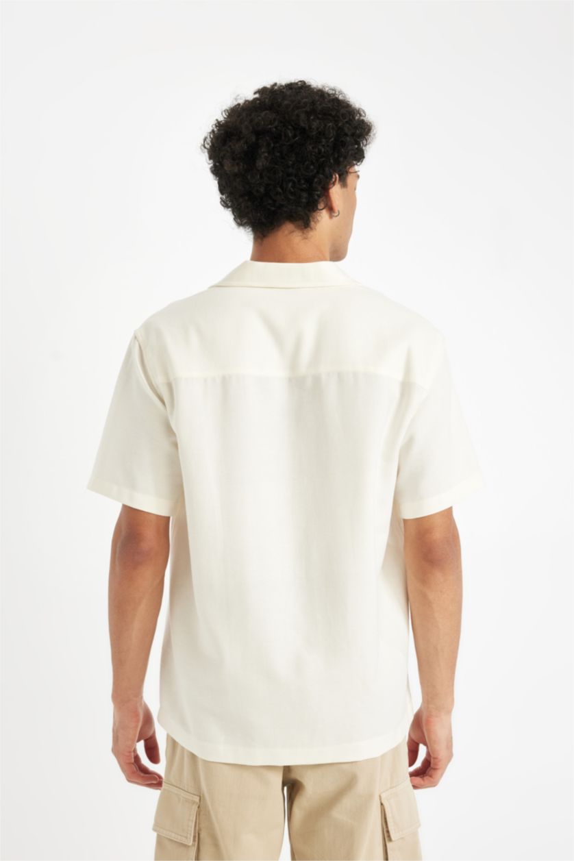 Erkek Ekru Regular Fit Yazlık Apaş Yaka Kısa Kollu Gömlek