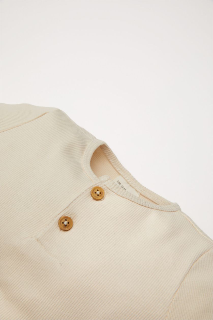 Erkek Bebek Bej Erkek Bebek Yenidoğan Fitilli Kaşkorse Kısa Kollu Tulum