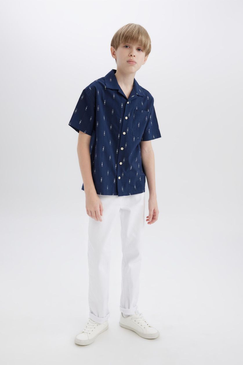 Erkek Çocuk - Genç Erkek Lacivert Oversize Geniş Kalıp Polo Yaka Brode Kısa Kollu Gömlek Erkek Çocuk