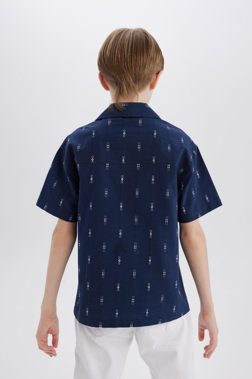 Erkek Çocuk - Genç Erkek Lacivert Oversize Geniş Kalıp Polo Yaka Brode Kısa Kollu Gömlek Erkek Çocuk