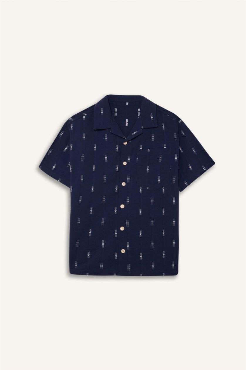 Erkek Çocuk - Genç Erkek Lacivert Oversize Geniş Kalıp Polo Yaka Brode Kısa Kollu Gömlek Erkek Çocuk