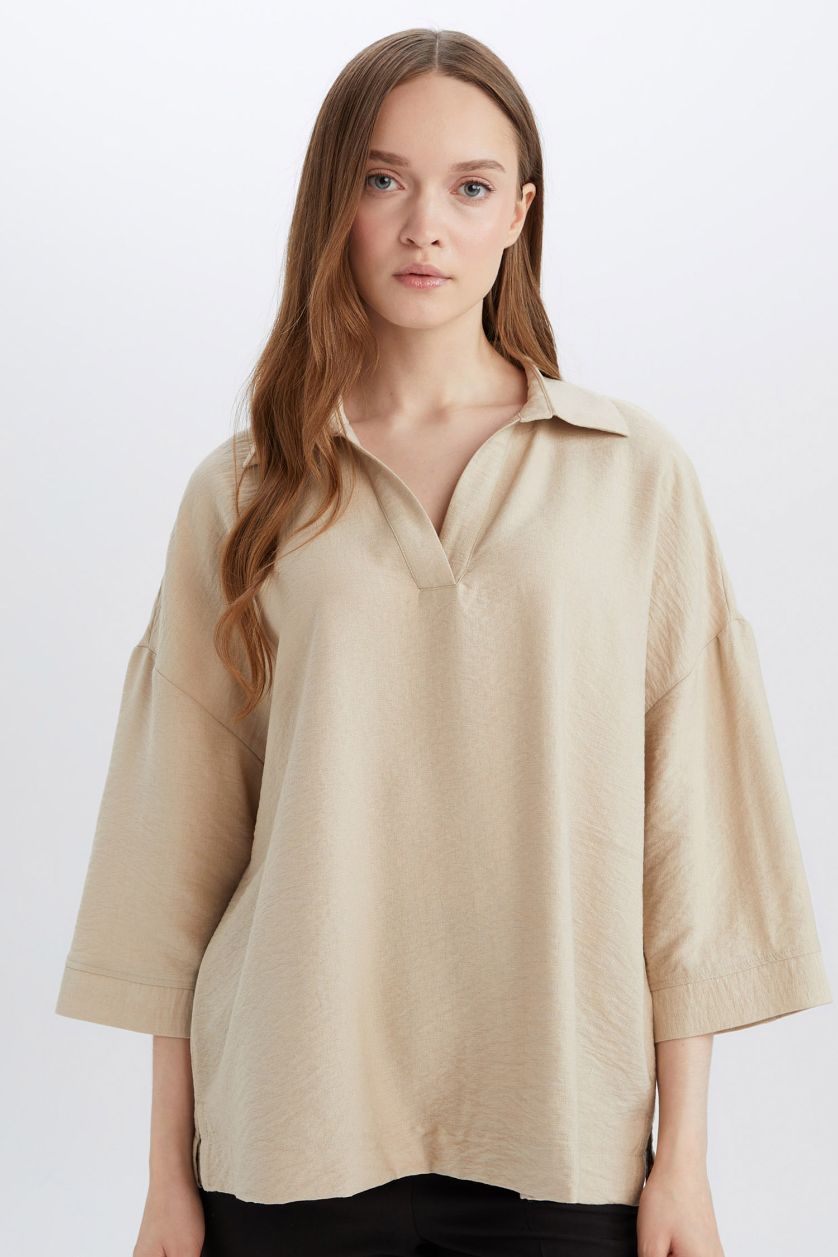 Woman Beige Regular Fit Crew Neck Long Sleeve Blouse