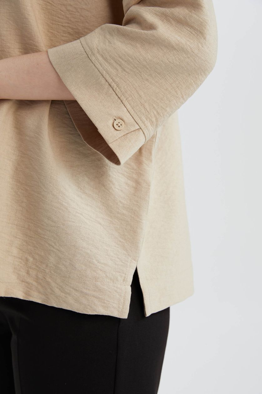 Woman Beige Regular Fit Crew Neck Long Sleeve Blouse