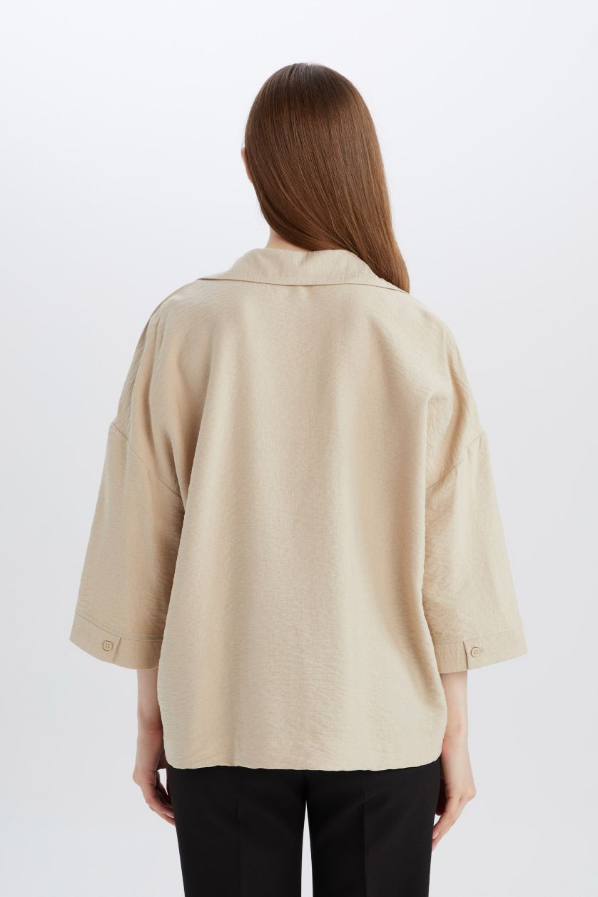 Woman Beige Regular Fit Crew Neck Long Sleeve Blouse