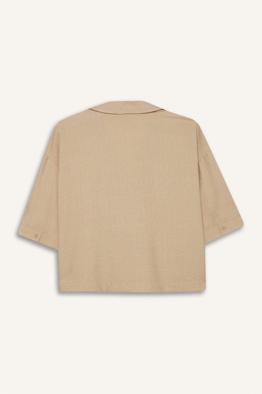 Woman Beige Regular Fit Crew Neck Long Sleeve Blouse