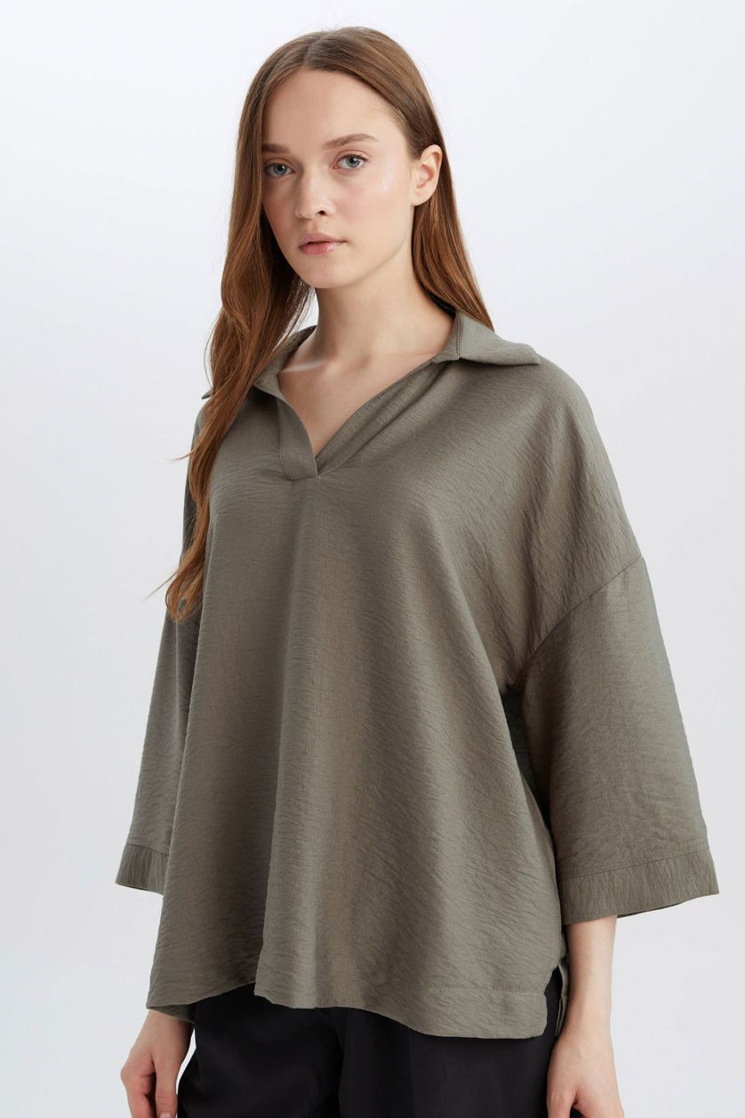 Woman Khaki Regular Fit Crew Neck Long Sleeve Blouse