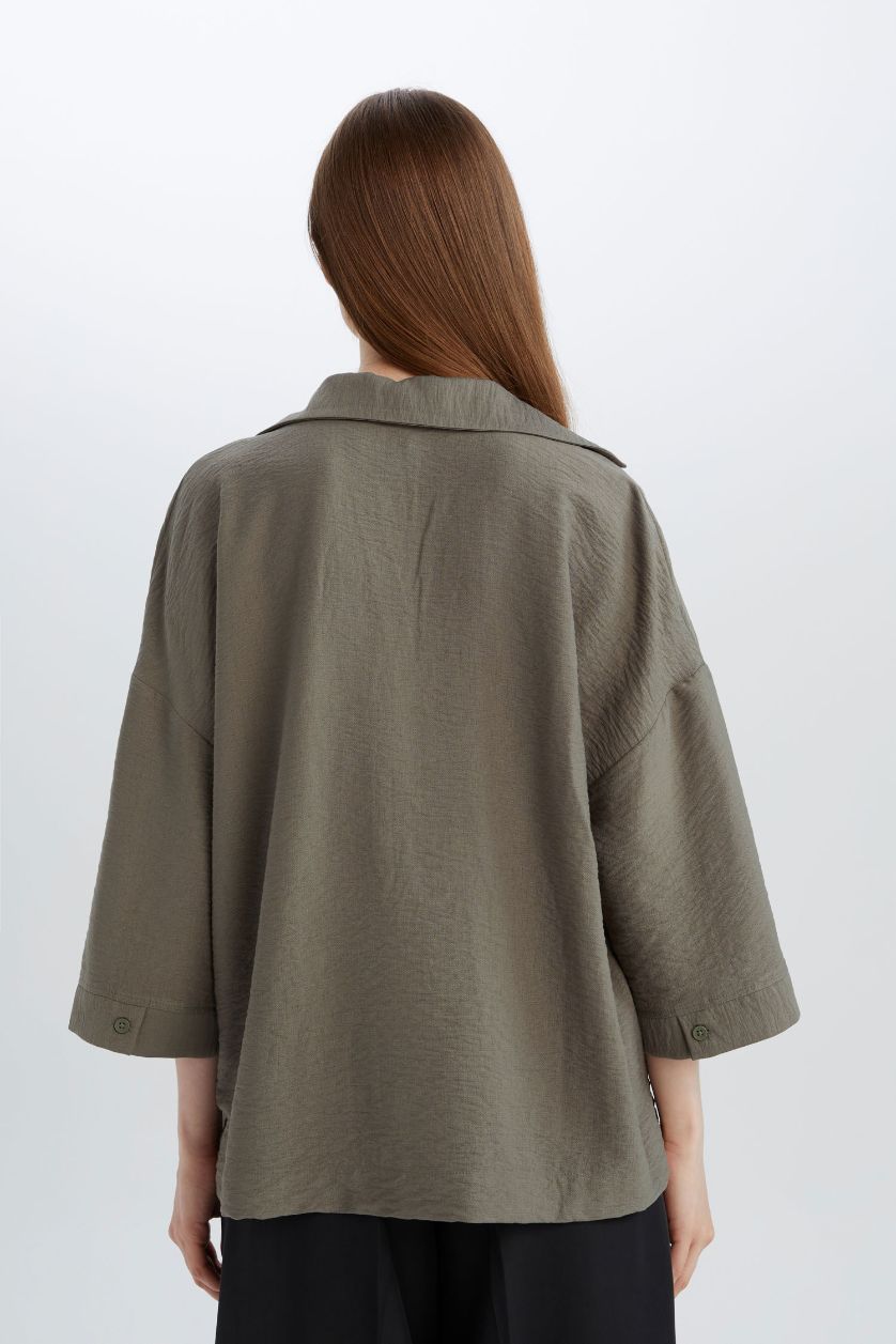 Woman Khaki Regular Fit Crew Neck Long Sleeve Blouse