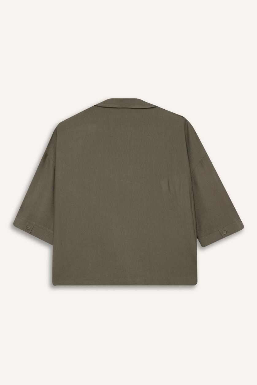 Woman Khaki Regular Fit Crew Neck Long Sleeve Blouse