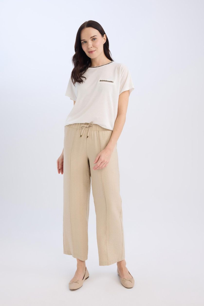 Woman Stone Wide Straight Leg Pocketed Laced Trousers