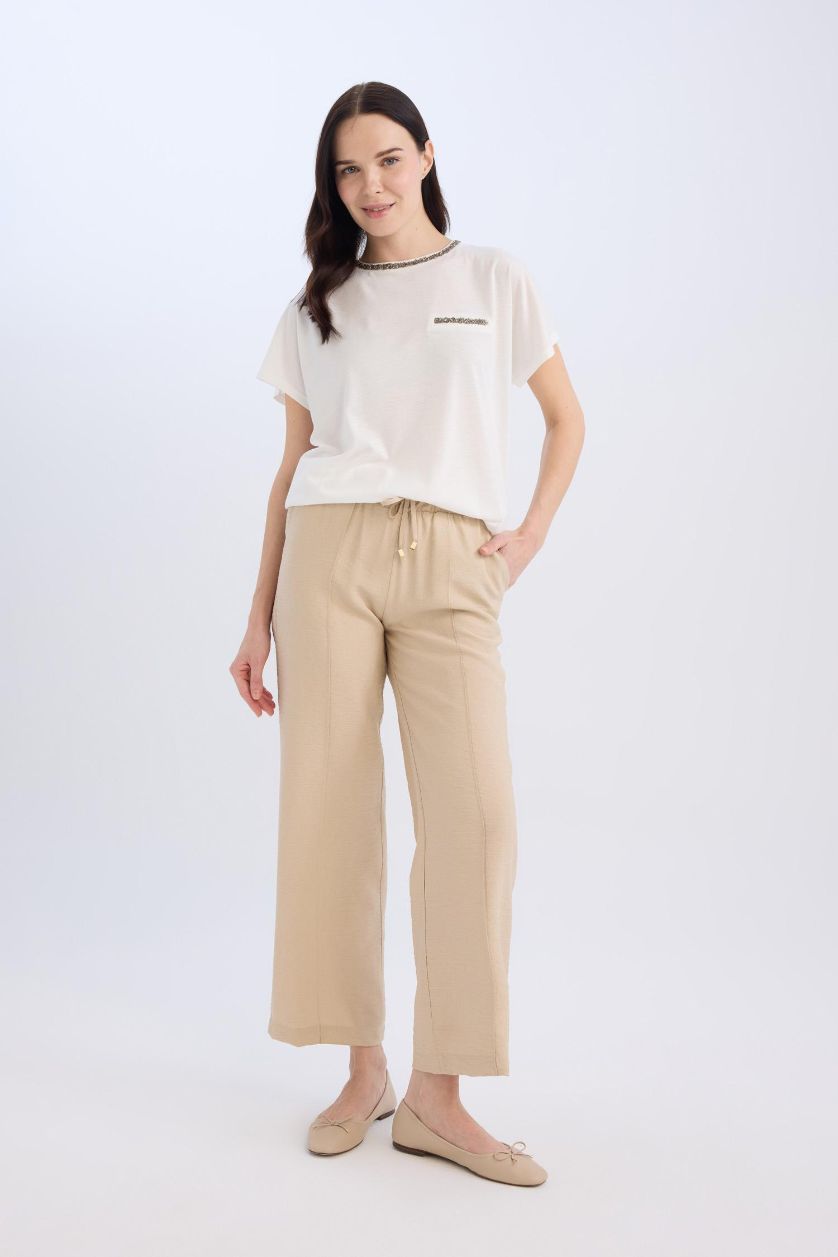 FEMME Beige Pantalon droit large avec poches