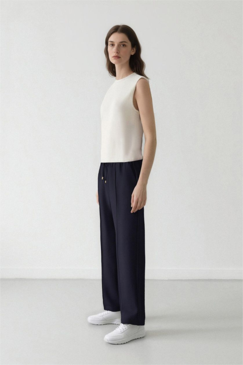 نساء كحلي بنطرون سادة برجل واسع مستقيم برباط وخصر مطاطي