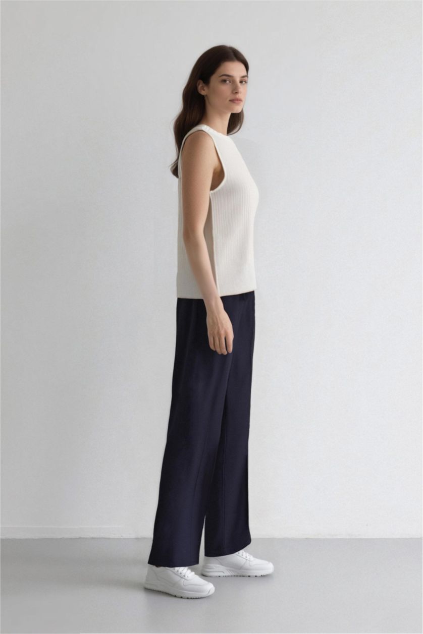 نساء كحلي بنطرون سادة برجل واسع مستقيم برباط وخصر مطاطي