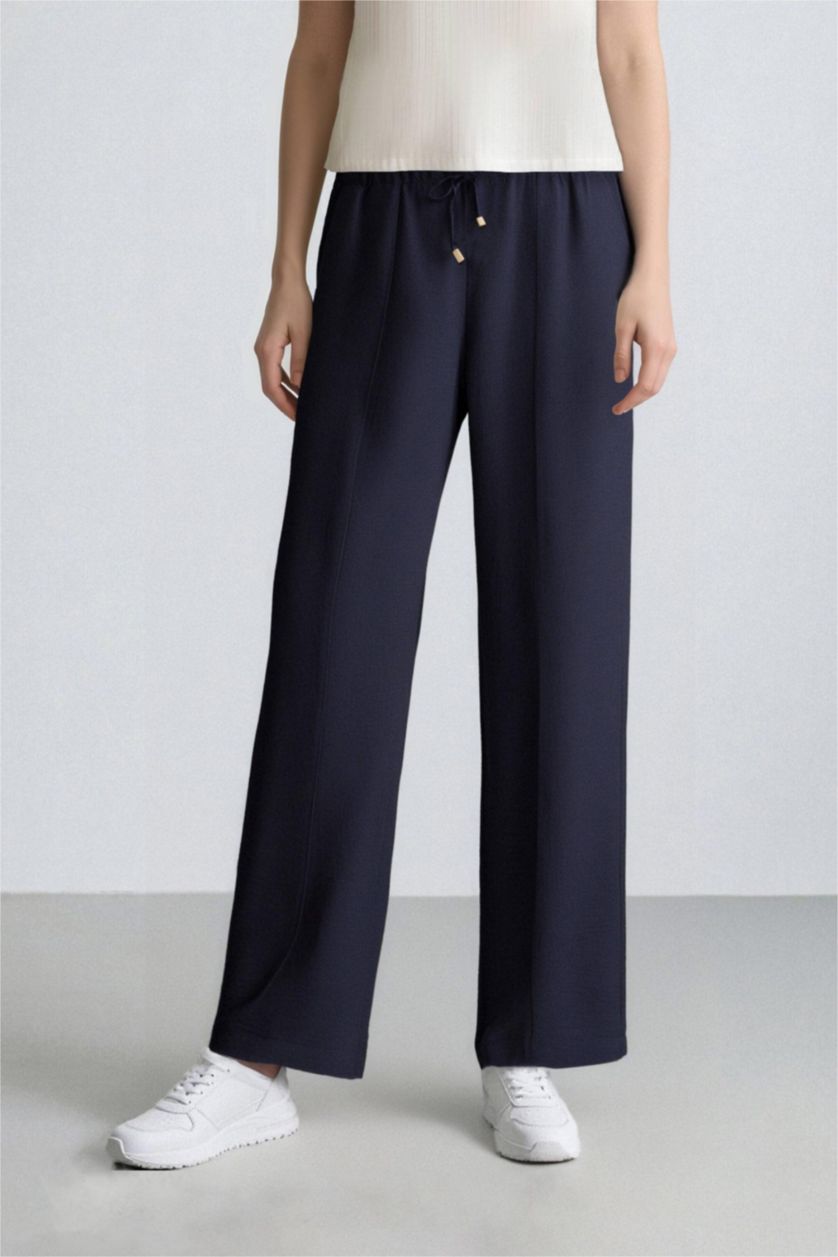 نساء كحلي بنطرون سادة برجل واسع مستقيم برباط وخصر مطاطي