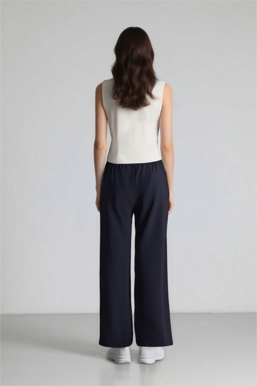 نساء كحلي بنطرون سادة برجل واسع مستقيم برباط وخصر مطاطي