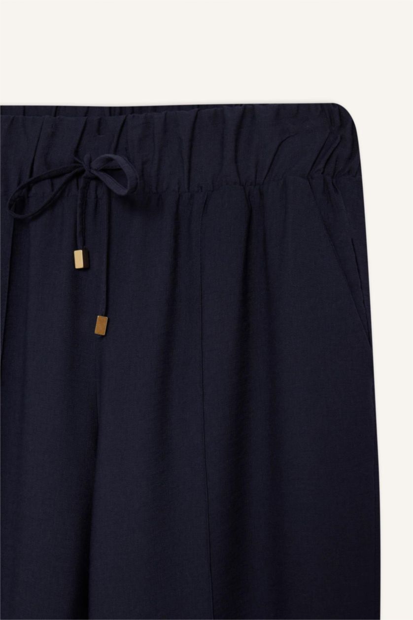 نساء كحلي بنطرون سادة برجل واسع مستقيم برباط وخصر مطاطي