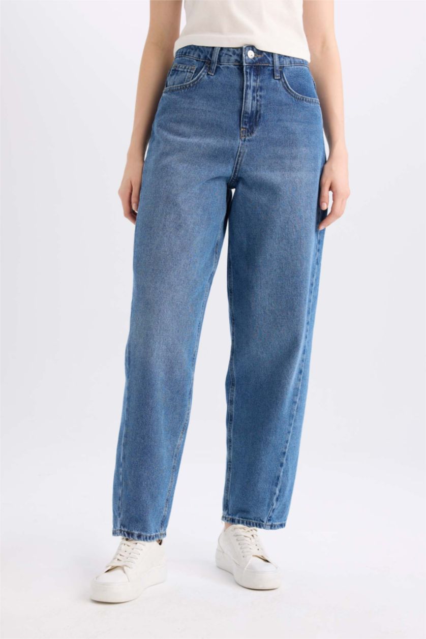FEMME Bleu Taille haute Coupe carotte