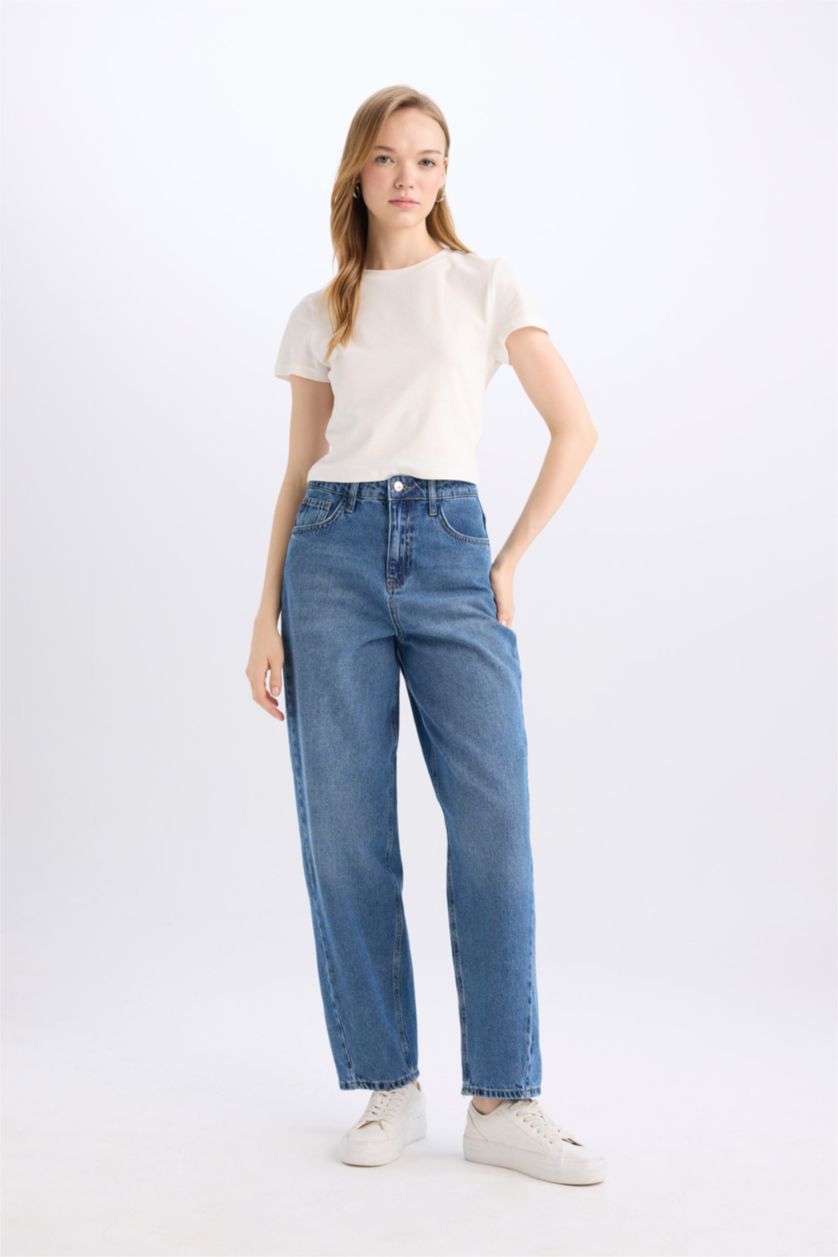 FEMME Bleu Taille haute Coupe carotte