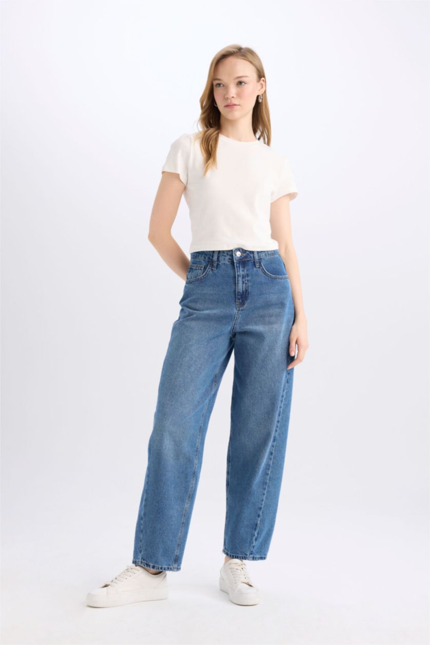 FEMME Bleu Taille haute Coupe carotte