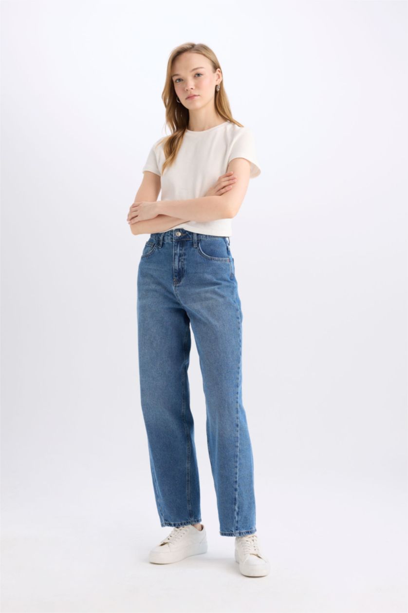FEMME Bleu Taille haute Coupe carotte
