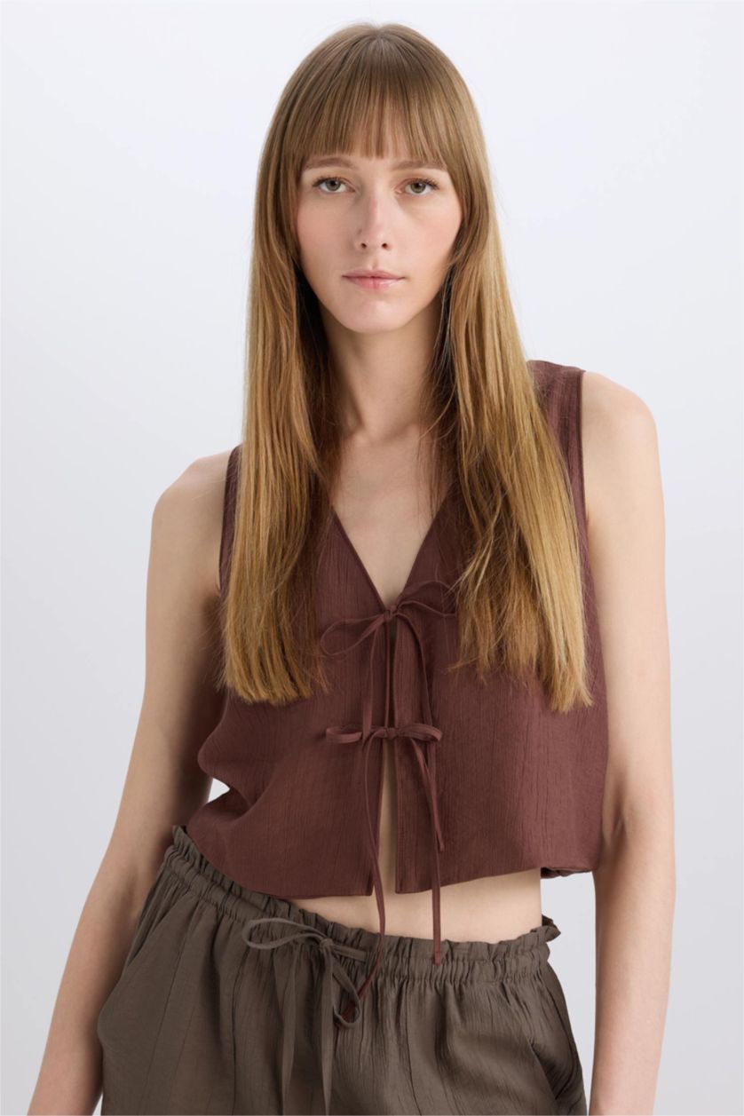 WOMAN Brown Crop V-Neck Sleeveless Blouse