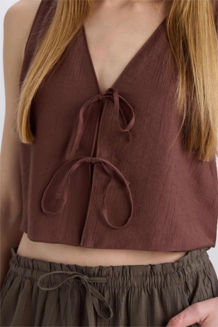 WOMAN Brown Crop V-Neck Sleeveless Blouse