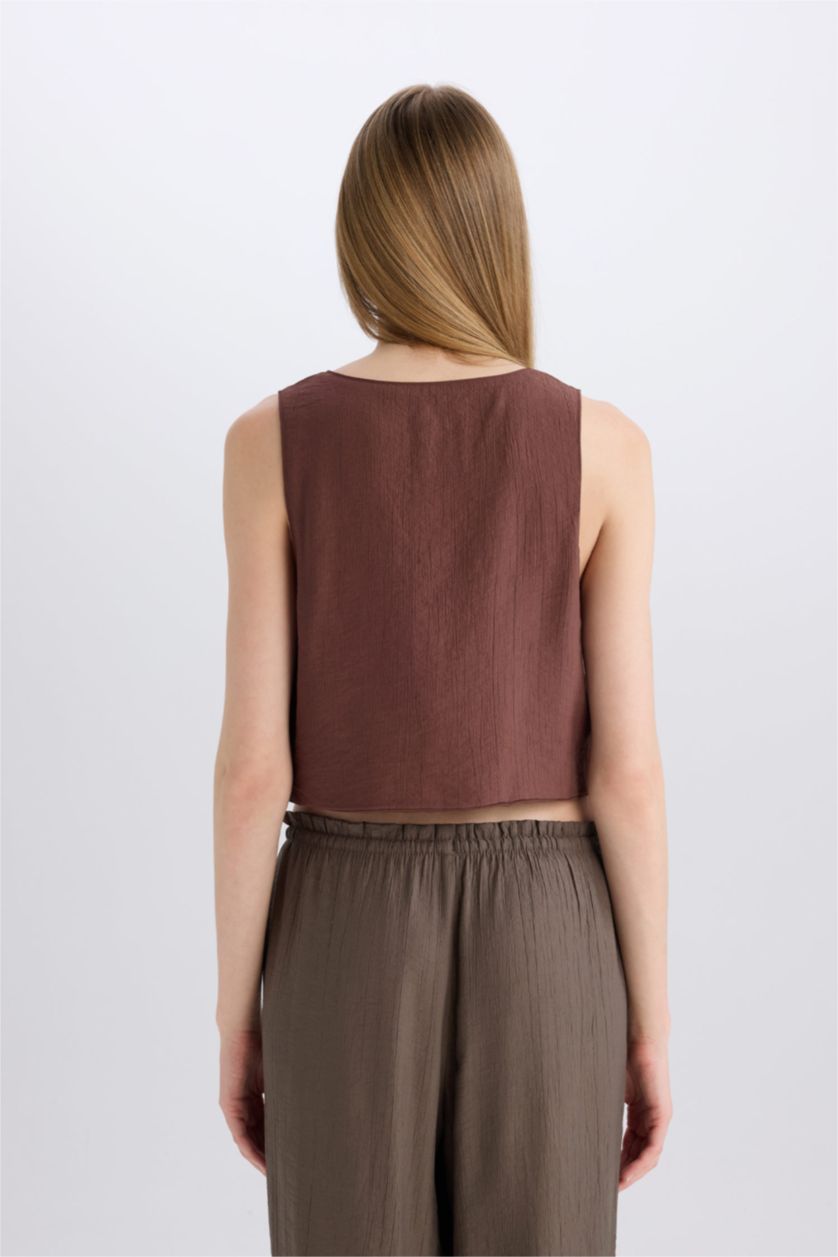 WOMAN Brown Crop V-Neck Sleeveless Blouse