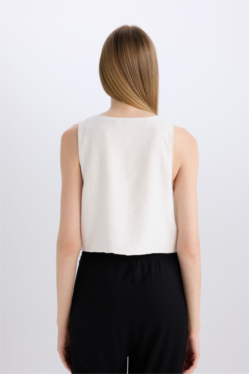 Женщины Кремовый Кроп топ с V-образным вырезом и без рукавов из ткани кринкля